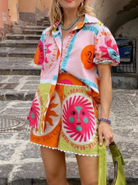 Printed Button Up Shirt and Shorts Set