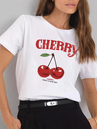 Plus Size Cherry Graphic Round Neck Short Sleeve T-Shirt
