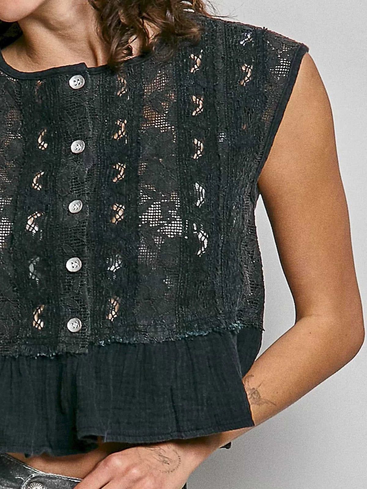 POL Round Neck Lace Sleeveless Top with Double Gauze Ruffle 100100503951935 64 Affordable Fashion Under $100 Jerry's Apparel 