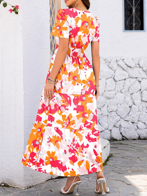 Smocked Printed Short Sleeve Midi Dress