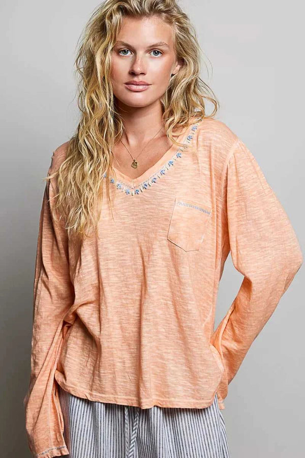 POL Contrast Stitch V-Neck Lightweight Knit Long Sleeve Top 100100688901821 43 Affordable Fashion Under $100 Jerry's Apparel 