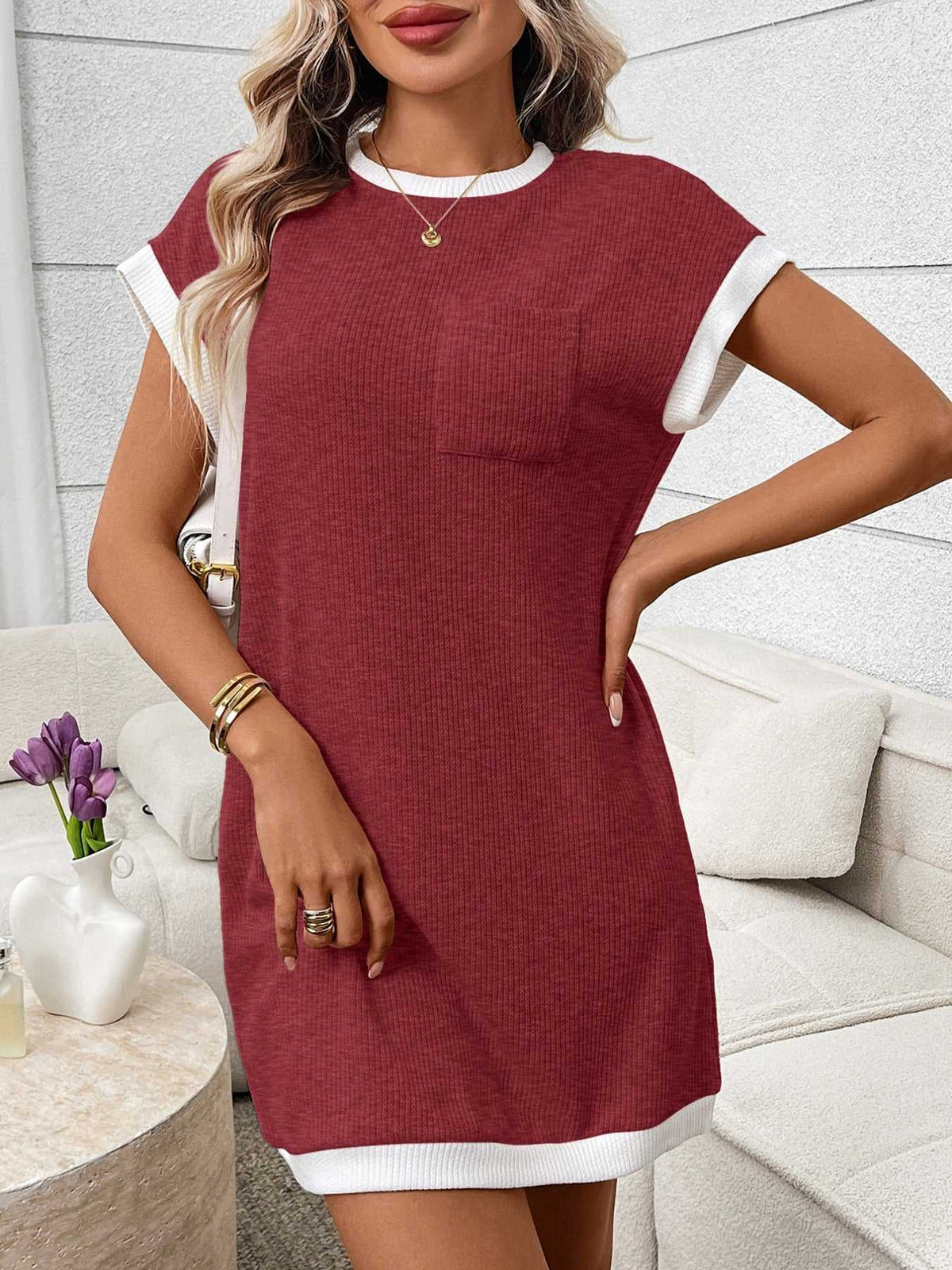 Contrast Trim Ribbed Knit Mini Dress with Pocket 100100281069040 32 Affordable Fashion Under $100 Jerry's Apparel 