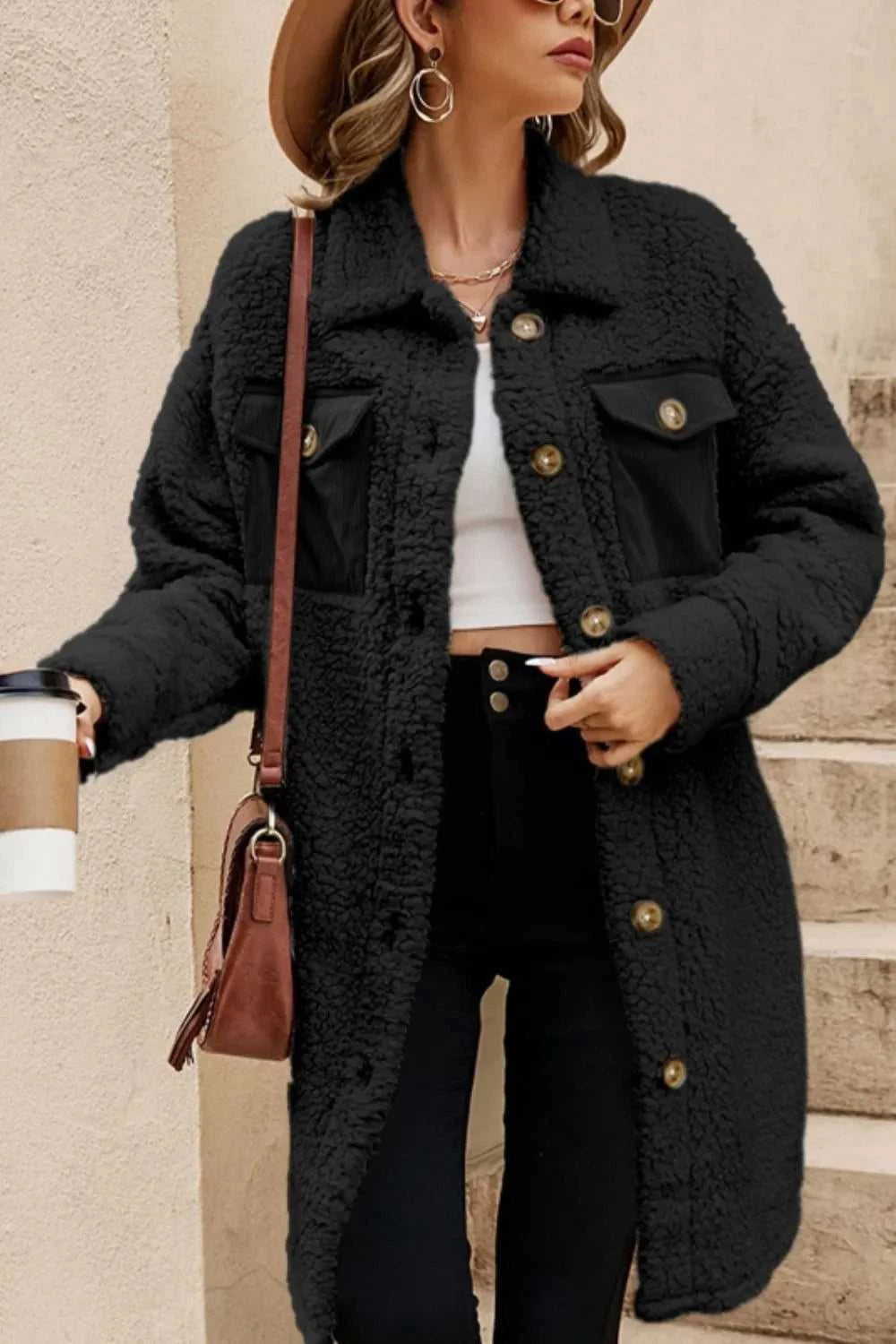 Collared Neck Long Sleeve Longline Teddy Jacket 100100830248539 60 Affordable Fashion Under $100 Jerry's Apparel 