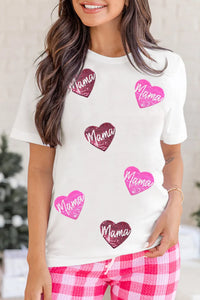 MAMA Heart Shape Sequin Patched Crew Neck T Shirt