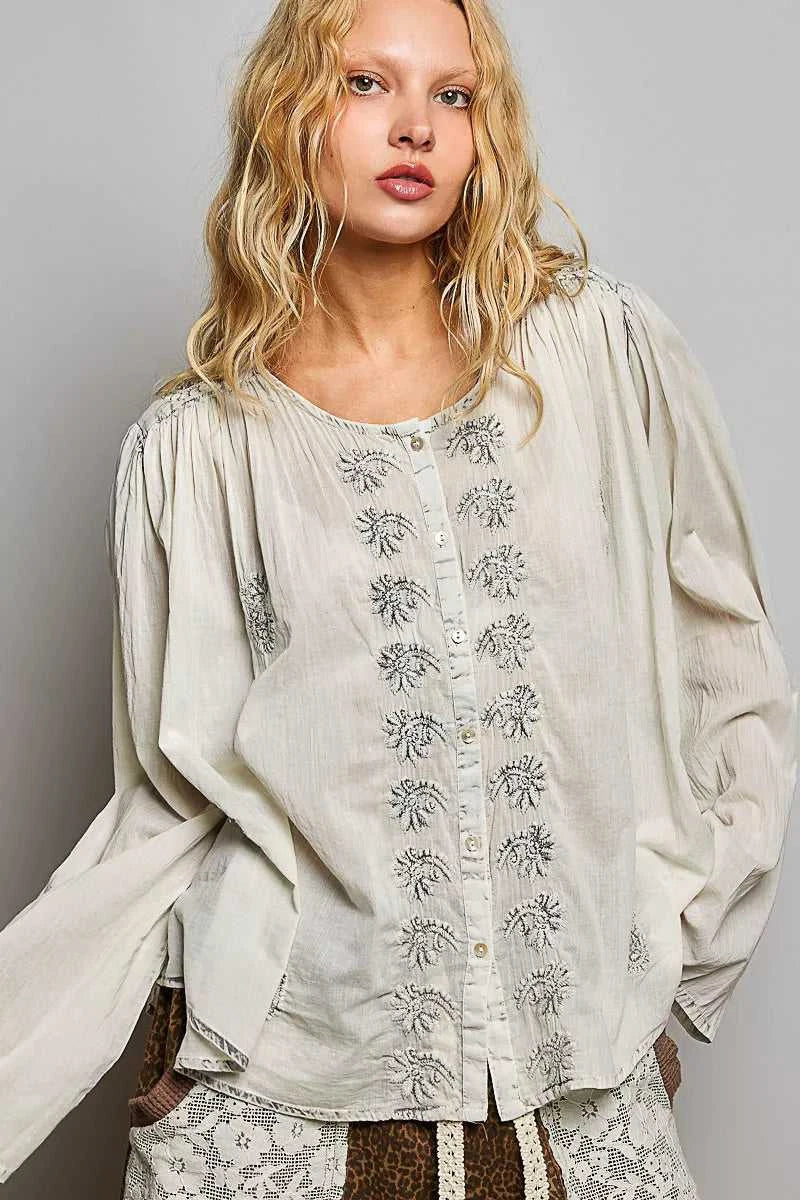 POL Embroidered Button Front Woven Shirt 100100573751599 59 Affordable Fashion Under $100 Jerry's Apparel 