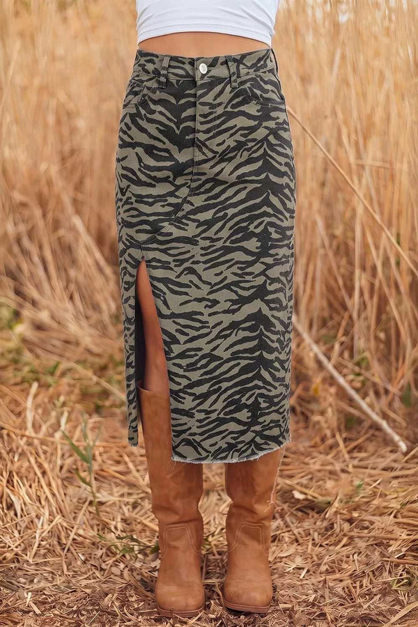 Leopard Print Side Split Frayed Hem Denim Midi Skirt 101003836120816 52 Affordable Fashion Under $100 Jerry's Apparel 