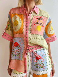 Printed Button Up Shirt and Pants Set