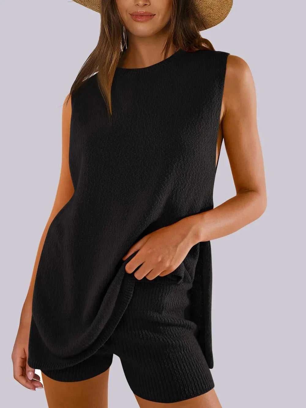Side Slit Round Neck Tank and Ribbed Shorts Sweater Set 100100101501711 39 Affordable Fashion Under $100 Jerry's Apparel 
