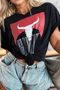 Western HOWDY Steer Head Print Side Slits Loose Fit T Shirt