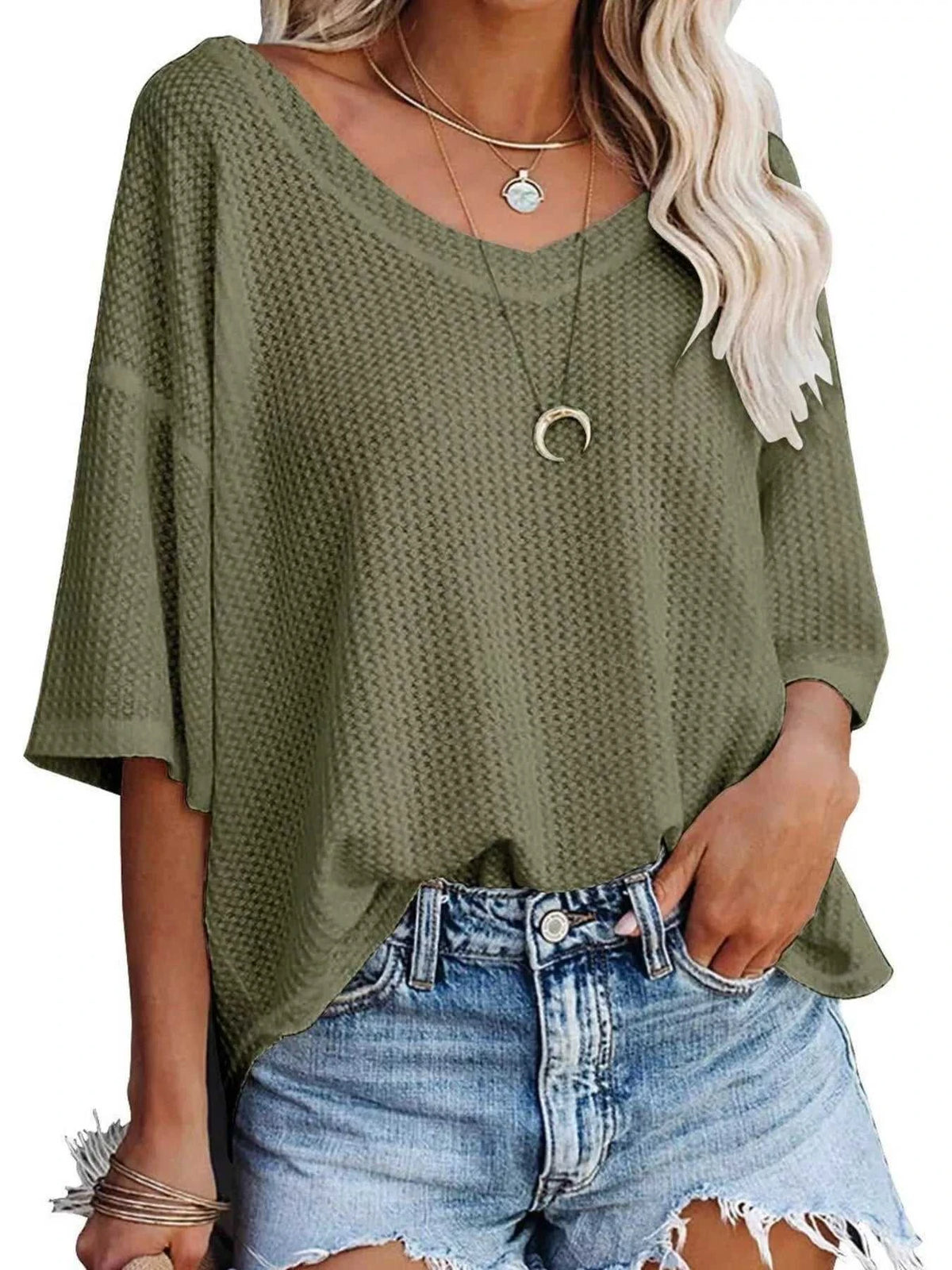 Waffle Knit V-Neck Short Sleeve T-Shirt 100100993990875 26 Affordable Fashion Under $100 Jerry's Apparel 