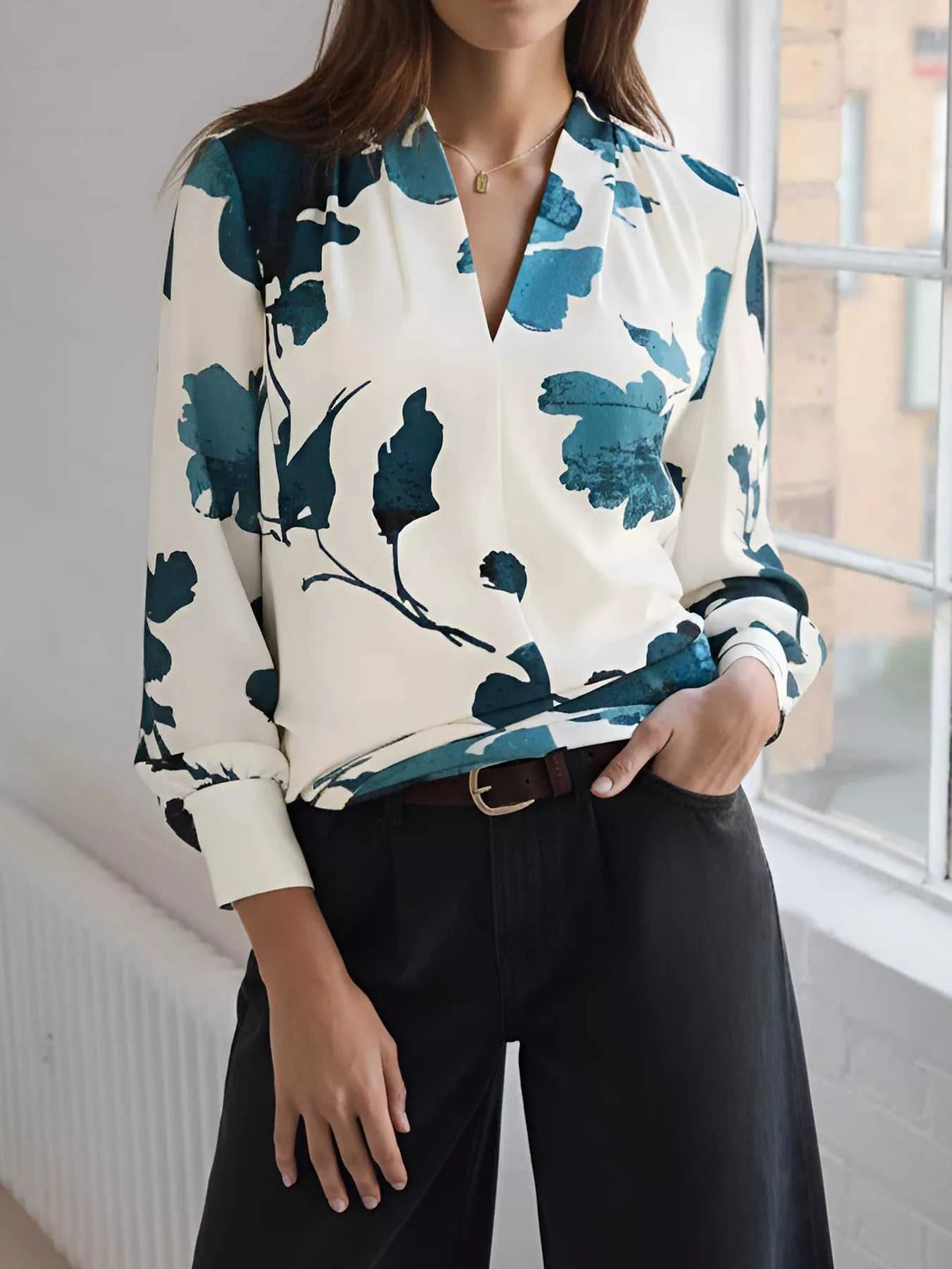 Printed V-Neck Long Sleeve Blouse 100100740911110 33 Affordable Fashion Under $100 Jerry's Apparel 