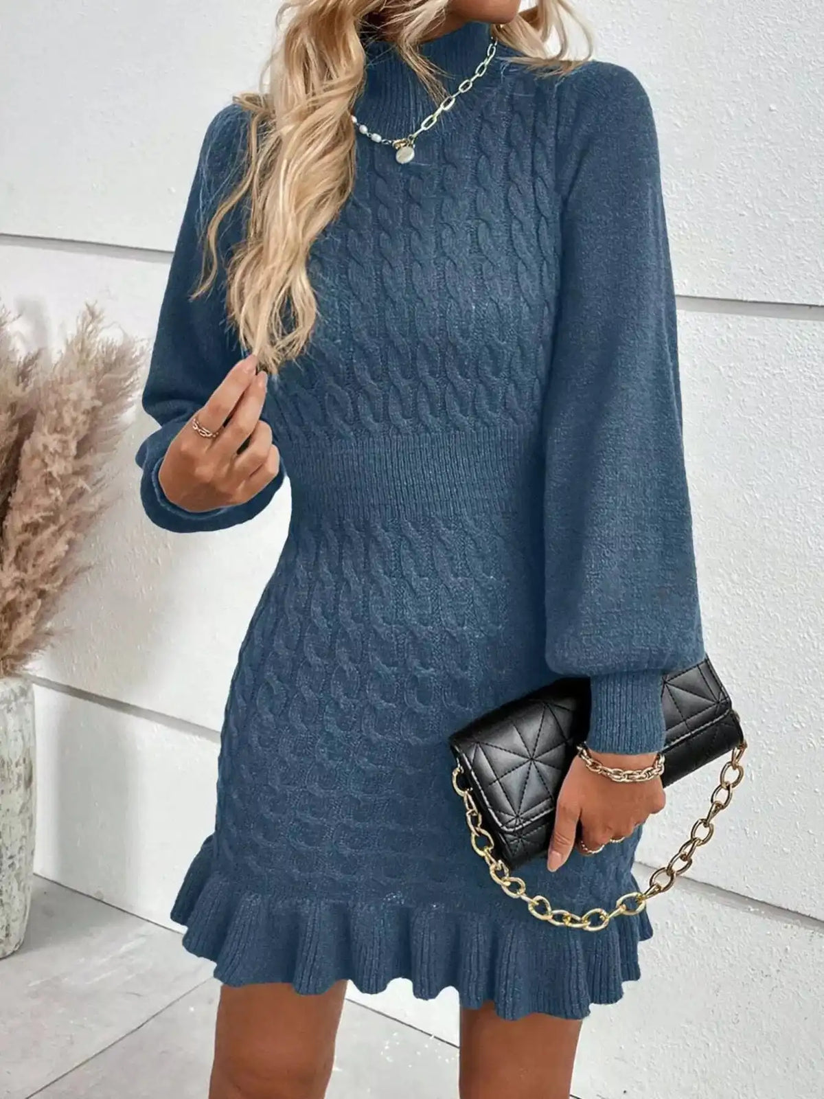 Cable Knit Mock Neck Ruffle Hem Sweater Dress 101002613373498 59 Gifts for Her Jerry's Apparel 