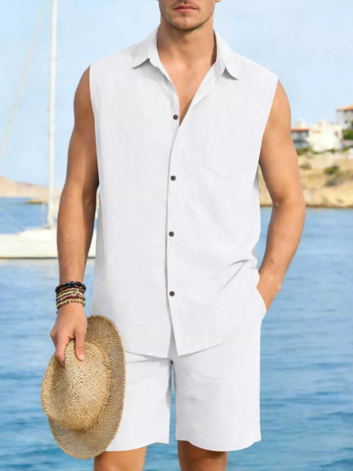 Men's Full Size Button Up Sleeveless Top and Shorts Plus Size 100400363418053 40 Men's Sets Jerry's Apparel 