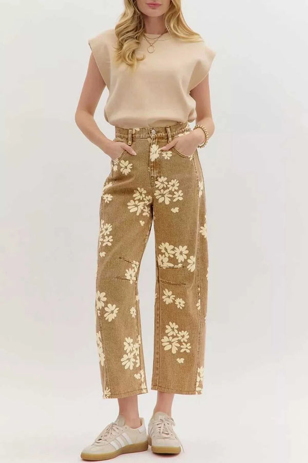 Floral Print Metal Button Pleated Straight Leg Jeans 101003590486766 80 Seasonal Fashion Collections Jerry's Apparel 