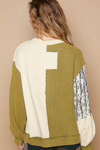 POL Exposed Seam Floral Patch Color Block Round Neck Sweatshirt