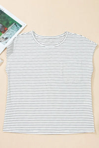 Stripe Cap Sleeve Crew Neck Casual Tee with Chest Pocket