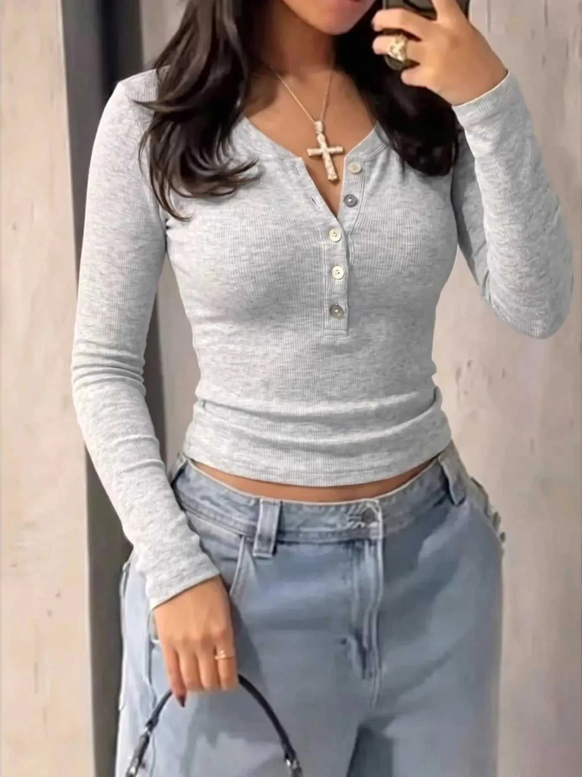 Button Detail Long Sleeve T-Shirt 100100793356538 29 Affordable Fashion Under $100 Jerry's Apparel 