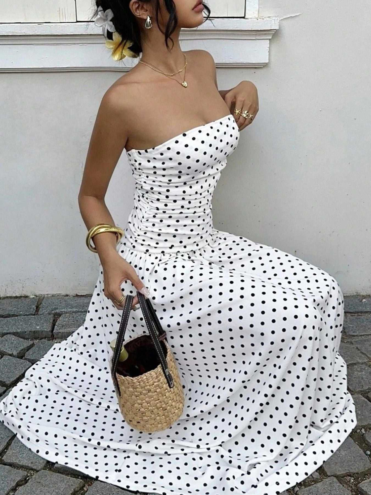 Polka Dot Ruched Strapless Maxi Dress 100100571591283 31 Gifts for Her Jerry's Apparel 