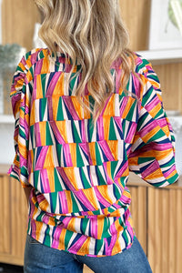 Full Size Geometric Notched Raglan Sleeve Blouse