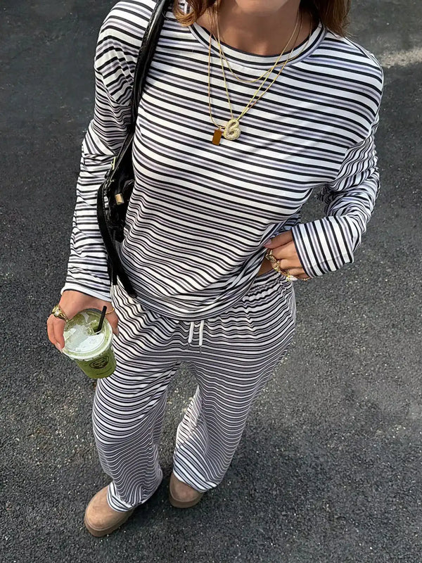 Striped Casual Long Sleeve Top and Wide Leg Pants Set 100100555687652 52 Affordable Fashion Under $100 Jerry's Apparel 