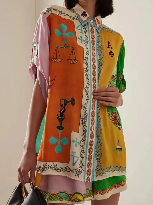 Printed Button Up Shirt and Shorts Set