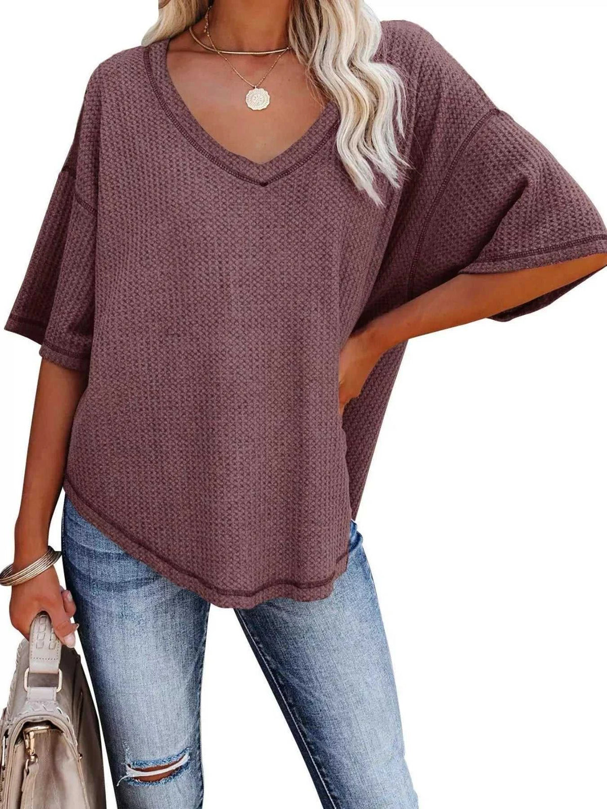 Waffle Knit V-Neck Short Sleeve T-Shirt 100100993990875 26 Affordable Fashion Under $100 Jerry's Apparel 