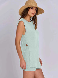 Side Slit Round Neck Tank and Ribbed Shorts Sweater Set 100100101501711 39 Affordable Fashion Under $100 Jerry's Apparel 