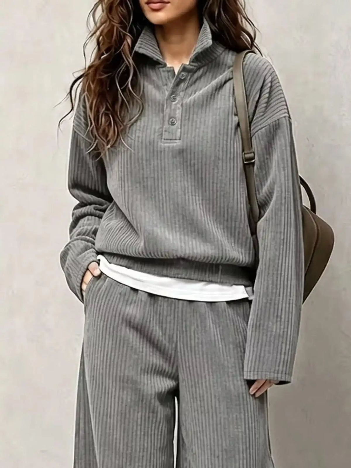 Corduroy Button Detail Top and Wide-Leg Pants Set 101001305640558 63 Affordable Fashion Under $100 Jerry's Apparel 