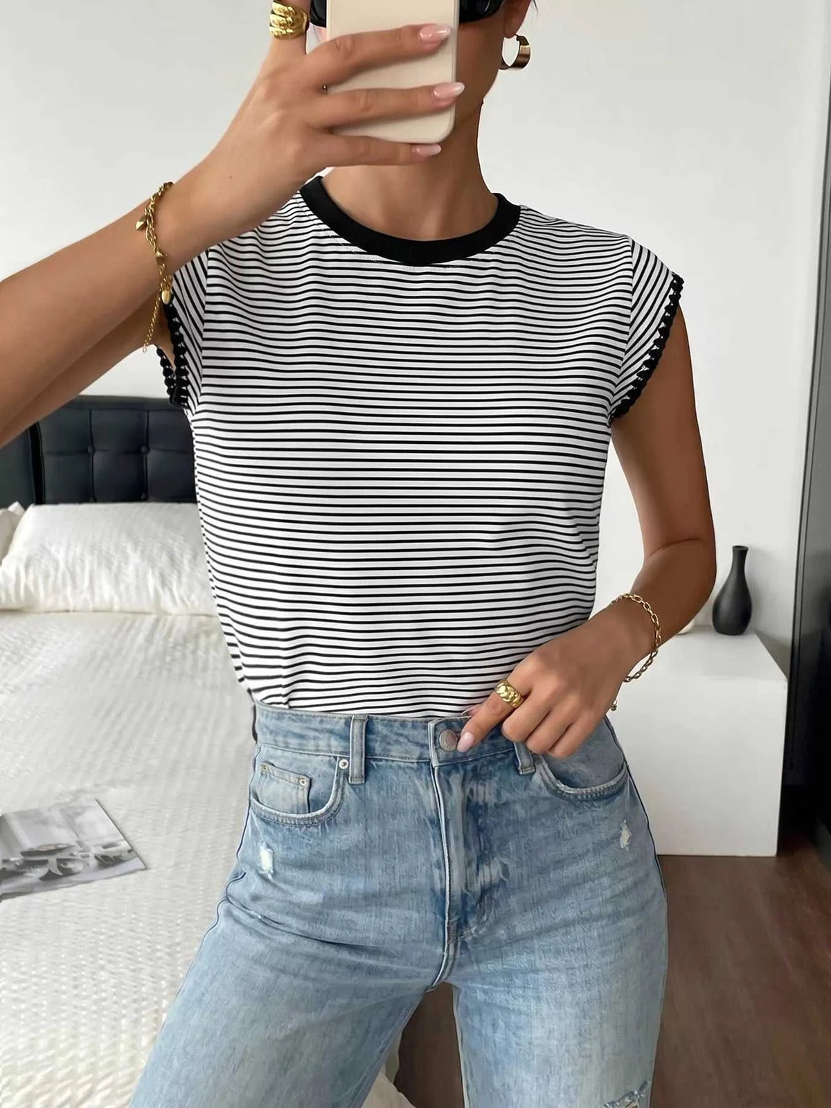 Classic Striped Crew Neck T-Shirt 100100609256431 26 Women's T-shirts Affordable Fashion Under $100 Jerry's Apparel 
