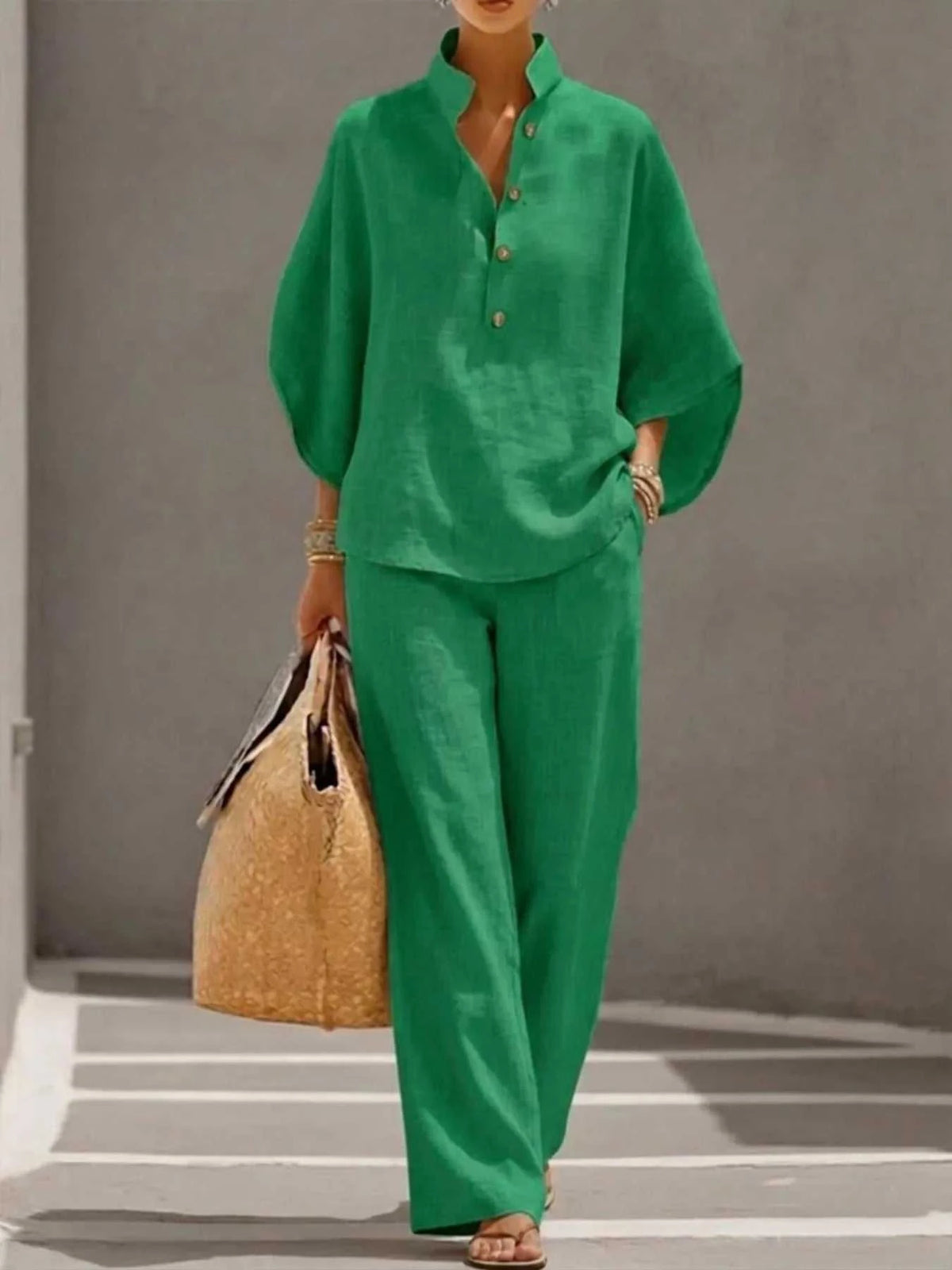 Full Size Button Detail 3/4 Sleeve Top and Pants Set Plus Size 100100971356241 54 Affordable Fashion Under $100 Jerry's Apparel 