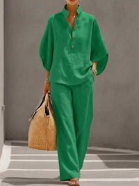 Full Size Button Detail 3/4 Sleeve Top and Pants Set Plus Size 100100971356241 54 Affordable Fashion Under $100 Jerry's Apparel 