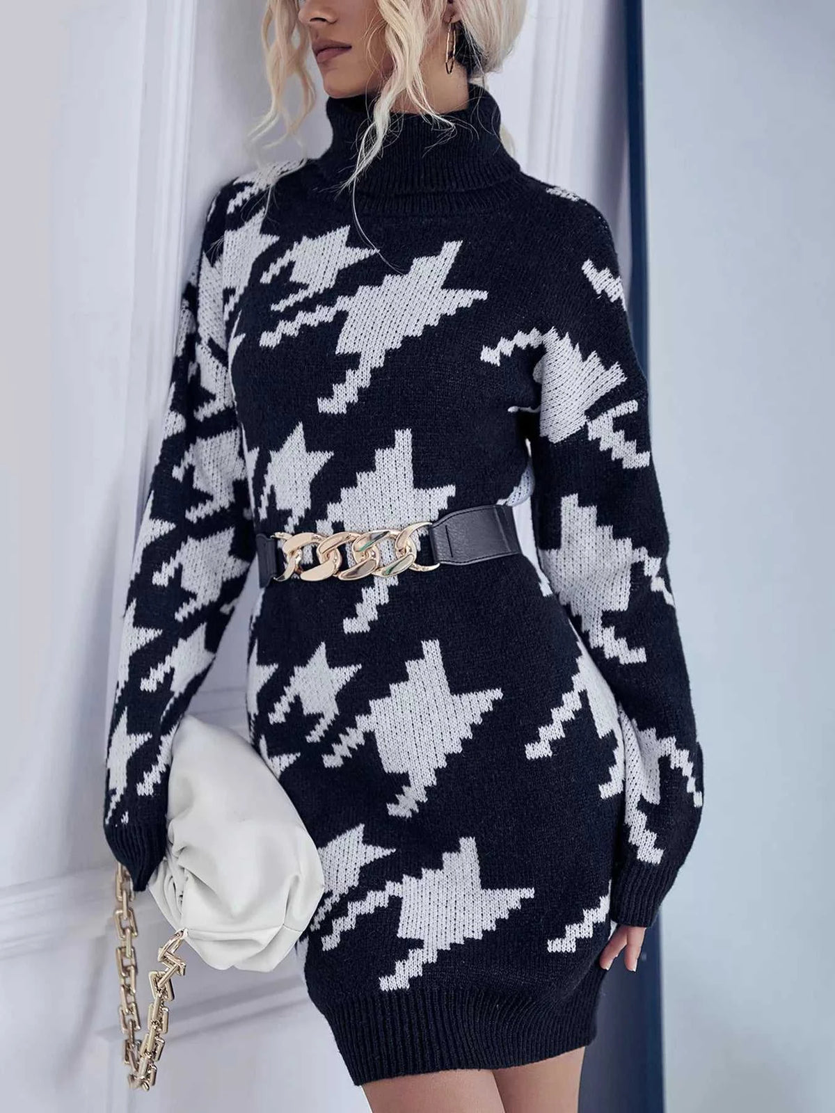 Houndstooth Pattern Turtleneck Sweater Dress 100100643736107 33 Affordable Fashion Under $100 Jerry's Apparel 