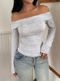 Off-Shoulder Long Sleeve Fitted T-Shirt