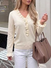 Ruffle Trim Pearl Button V-Neck Knit Top 100100535859062 43 Affordable Fashion Under $100 Jerry's Apparel 
