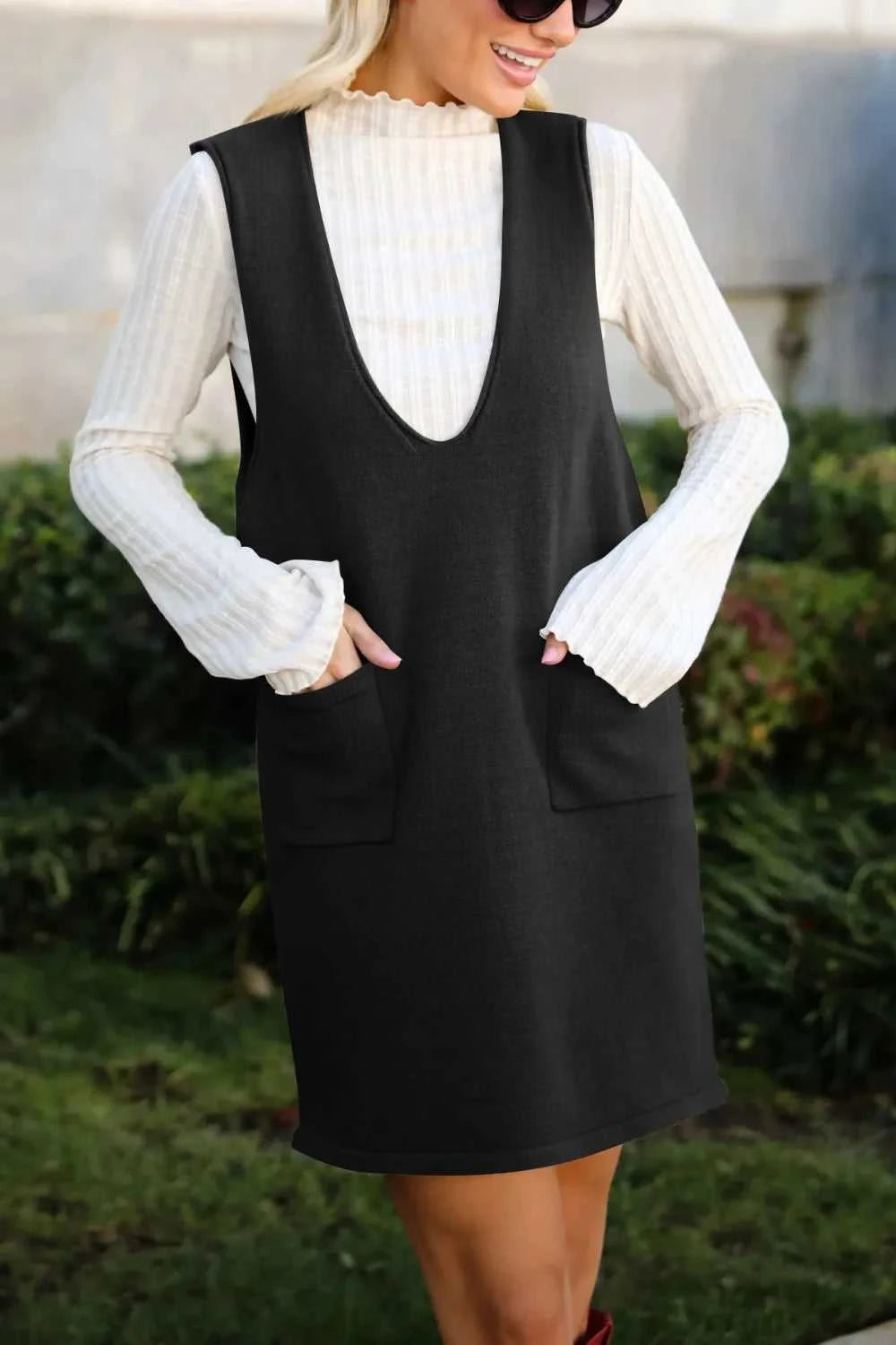 Lovelet Pocketed V-Neck Mini Sweater Overall Dress 100100283761487 35 Affordable Fashion Under $100 Jerry's Apparel 