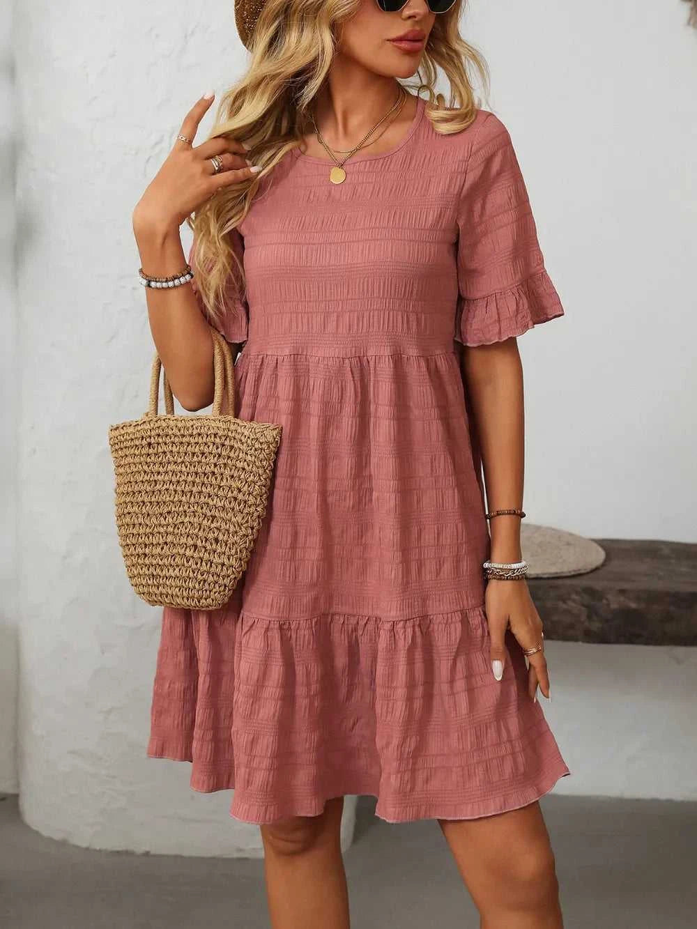 Mandy Ruffled Ruched Round Neck Half Sleeve Dress 100100796041903 25 Affordable Fashion Under $100 Jerry's Apparel 