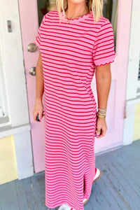 Stripe Striped Short Sleeve Scalloped Trim Side Slit Maxi Tee Dress 100100105587816 43 Affordable Fashion Under $100 Jerry's Apparel 