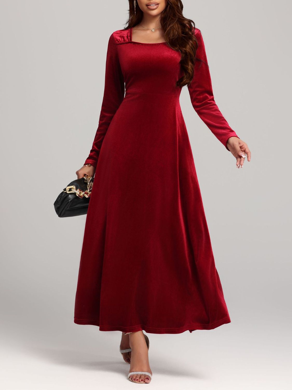 Square Neck Long Sleeve Velvet Dress