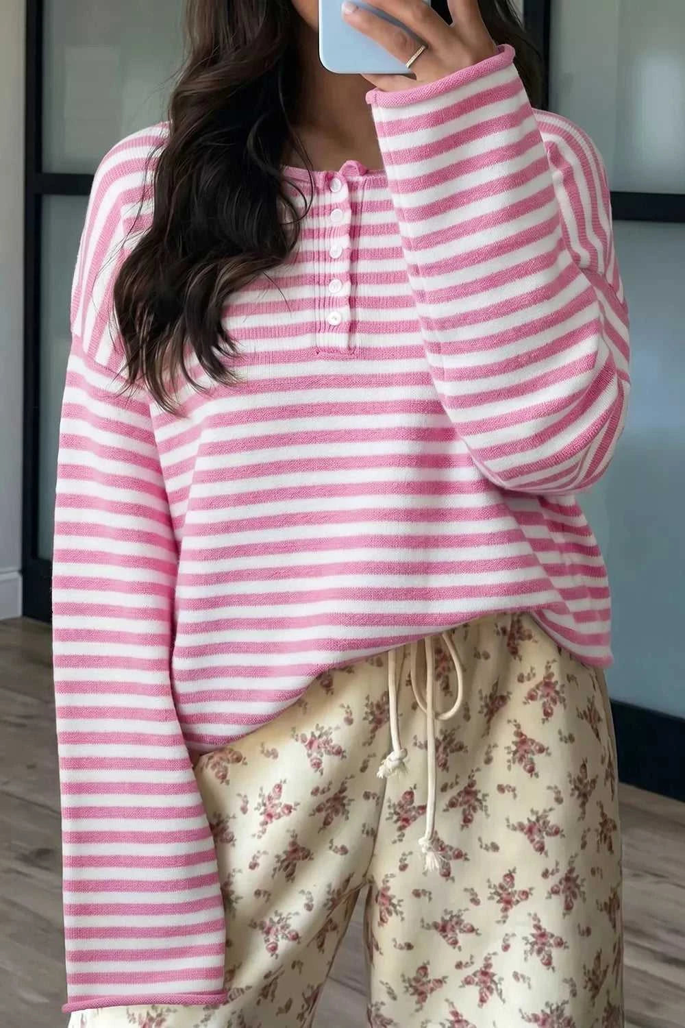 Striped Button Placket Drop Shoulder Long Sleeve Sweater 100100966141645 48 Women's Sweaters and Knitwear Jerry's Apparel 