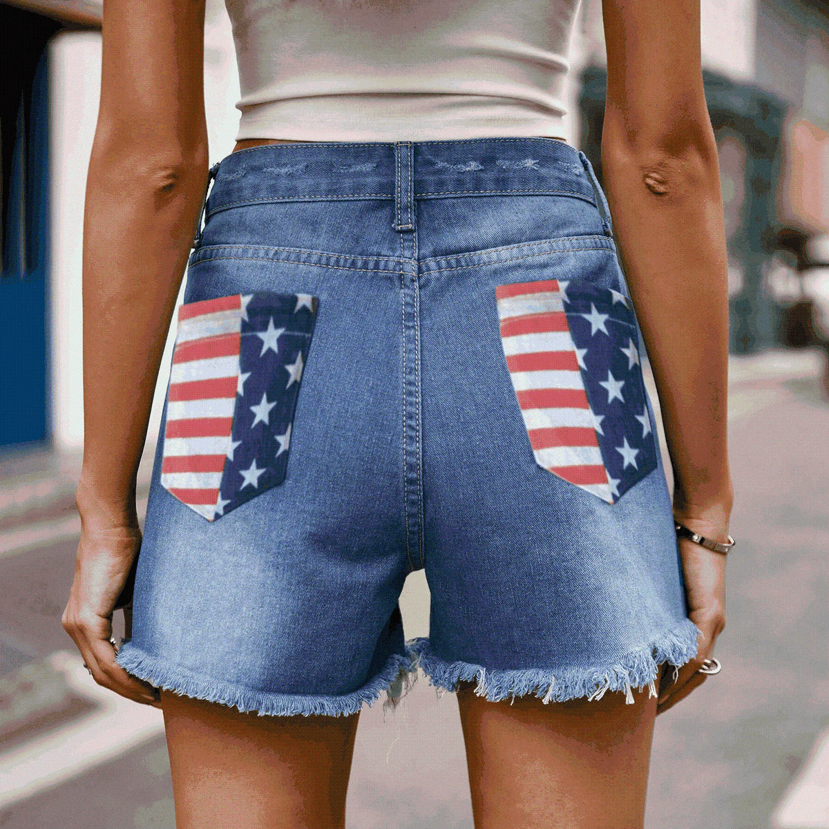 US Flag Distressed Denim Shorts with Frayed Hem