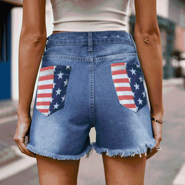 US Flag Distressed Denim Shorts with Frayed Hem