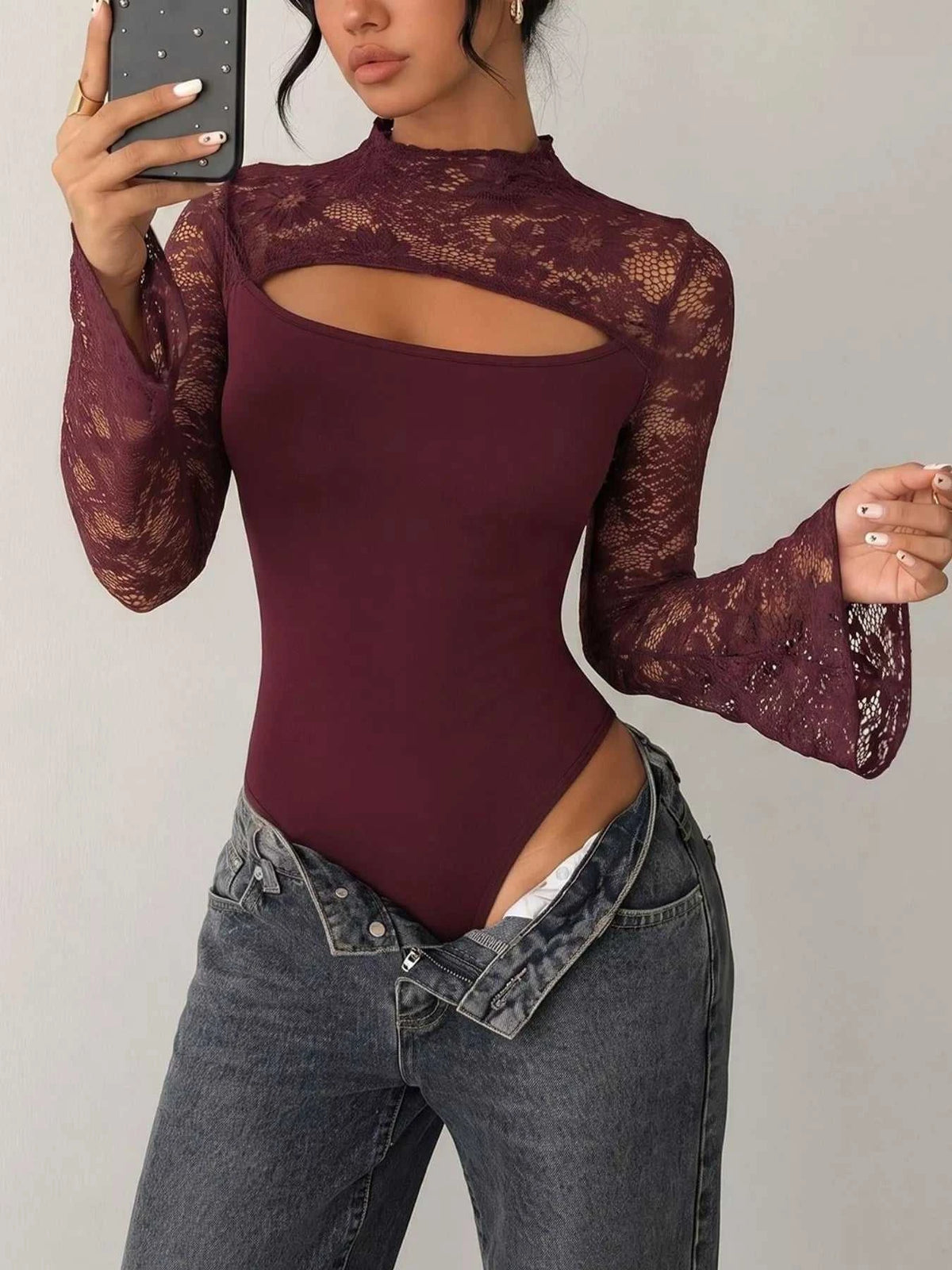 Lace Cut-out Flare Sleeve Bodysuit 100100328113938 32 Affordable Fashion Under $100 Jerry's Apparel 