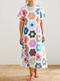 Floral Print Midi Dress with Scalloped Edges