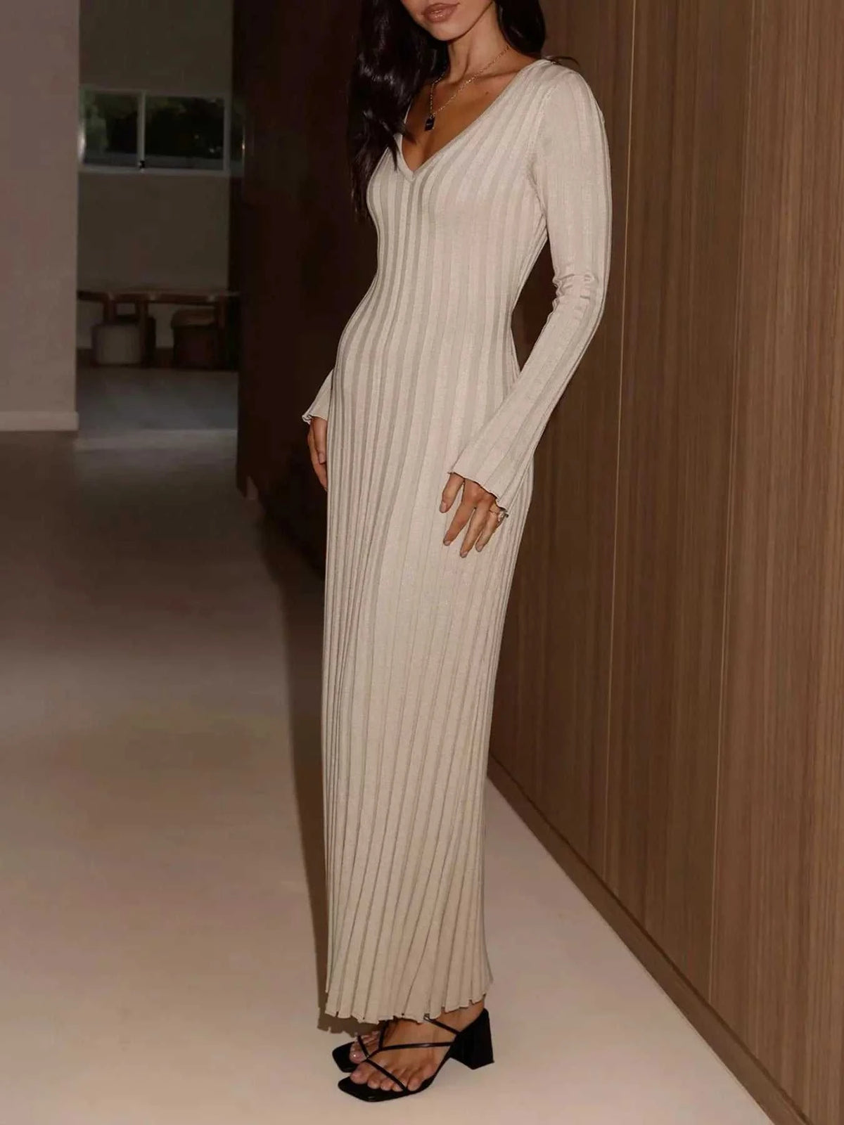 Ribbed Knit V-Neck Long Sleeve Maxi Dress 100100845770828 53 Women's Dresses Jerry's Apparel 