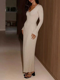 Ribbed Knit V-Neck Long Sleeve Maxi Dress 100100845770828 53 Women's Dresses Jerry's Apparel 