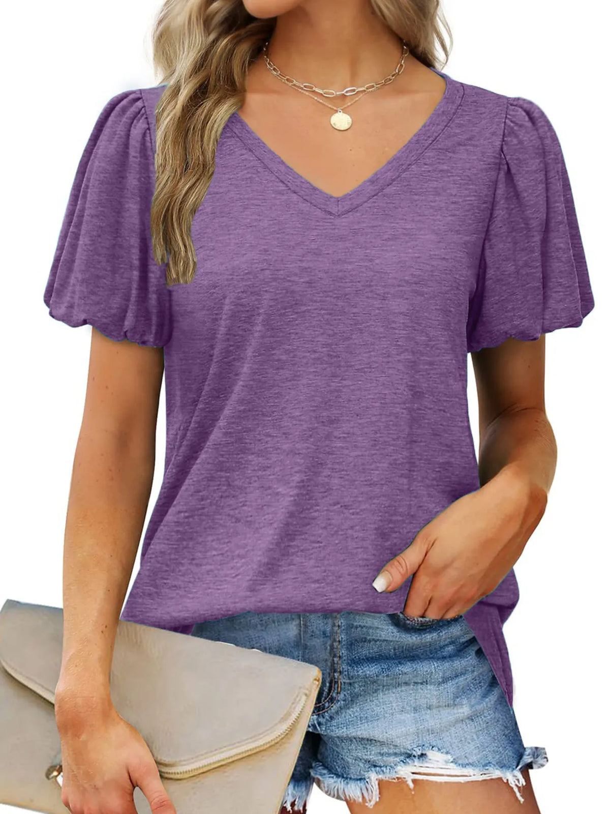 V-Neck Puff Sleeve Casual T-Shirt