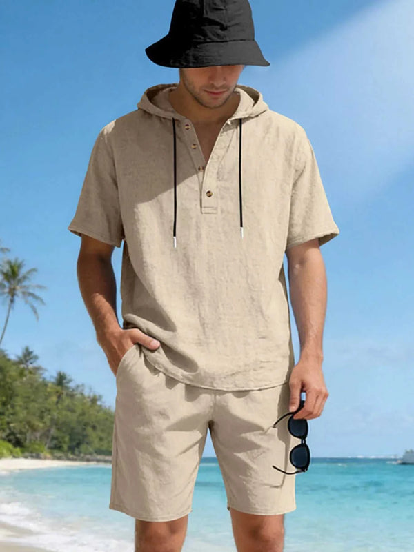Men's Full Size Casual Short Sleeve Hooded Top & Shorts Set Plus Size