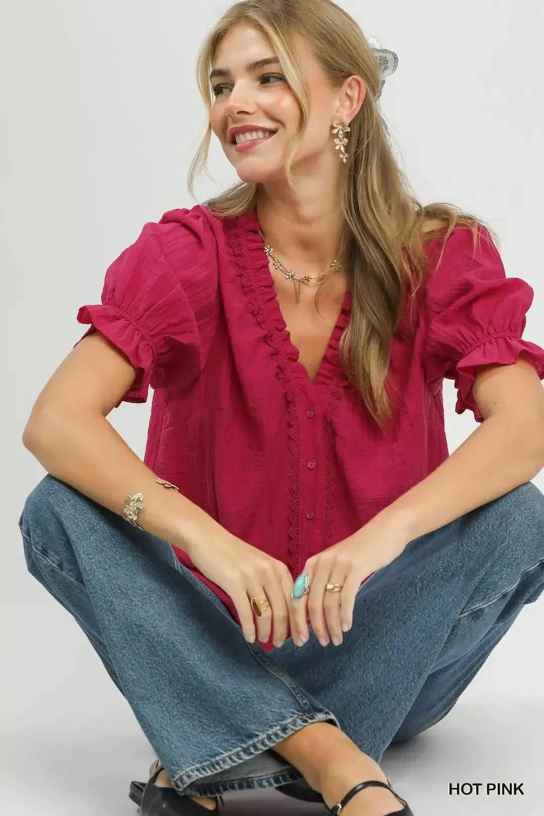 Umgee Textured Button-Front Puff Sleeve Top 100100866331431 49 Affordable Fashion Under $100 Jerry's Apparel 