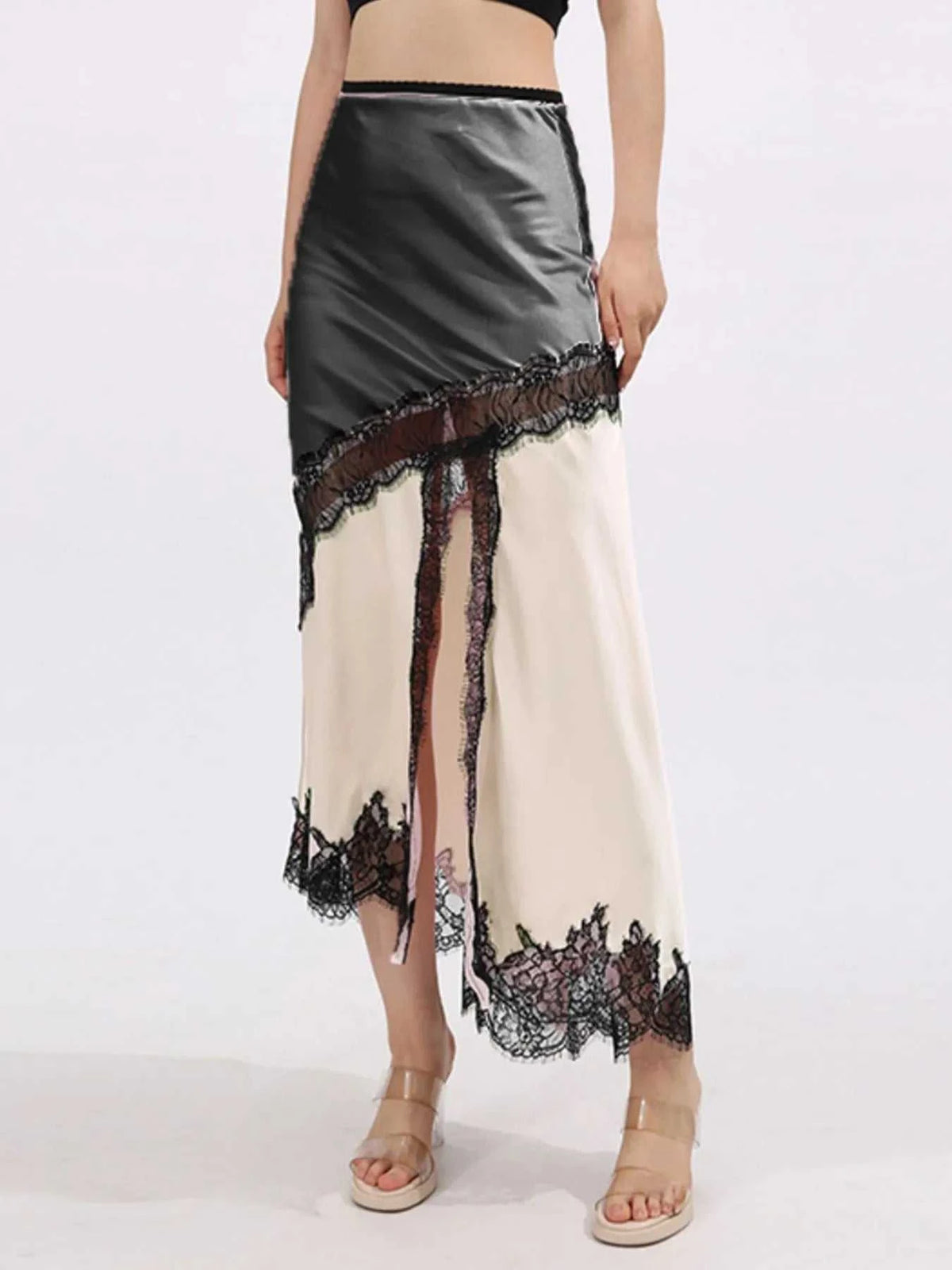 Lace Trim Asymmetrical Midi Skirt 100100647329706 101 Jerry's Apparel 