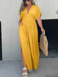 Full Size Slit V-Neck Smocked Waist Maxi Dress Plus Size 100100000480005 59 Gifts for Her Jerry's Apparel 